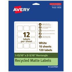 Avery® Recycled Paper Labels, 94233-EWMP10, Rectangle, 1-13/16" x 2-3/16", White, Pack Of 120