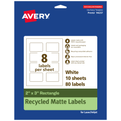 Avery® Recycled Paper Labels, 94237-EWMP10, Rectangle, 2" x 3", White, Pack Of 80