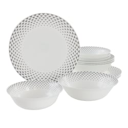 Ultra by Gibson Cane Peak 12-Piece Opal Glass Dinnerware Set, White/Gray Accents