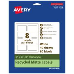 Avery® Recycled Paper Labels, 94238-EWMP10, Rectangle, 2" x 3-1/2", White, Pack Of 80