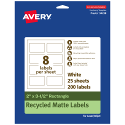 Avery® Recycled Paper Labels, 94238-EWMP25, Rectangle, 2" x 3-1/2", White, Pack Of 200