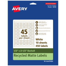 Avery® Recycled Paper Labels, 94749-EWMP10, Barbell, 1/2" x 2-1/2", White, Pack Of 450