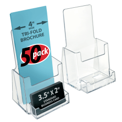 Azar Displays Trifold Brochure Holders With Business Card Pockets, 7-1/4"H x 4-1/8"W x 3-9/16"D, Clear, Set Of 50 Holders