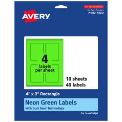 Avery® Print-To-The-Edge Labels With Sure Feed® Technology, 94252-NGP10, Rectangle, 4" x 3", Matte Neon Green, Pack of 40