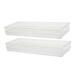 Martha Stewart Kerry Plastic Stackable Office Desk Drawer Organizers, 2"H x 6"W x 15"D, Clear/Gold Trim, Pack Of 2 Organizers