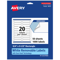 Avery® Removable Labels With Sure Feed®, 94217-RMP50, Rectangle, 3/4" x 3-1/2", White, Pack Of 1,000 Labels
