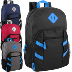 Trailmaker Mesh Side Pocket Backpacks, Black/Blue/Gray/Red, Total Qty 24