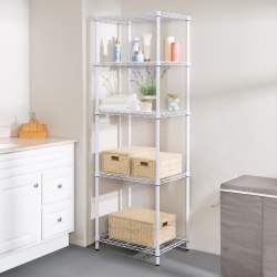 This 5-Tier Adjustable White Storage Shelf has the ability to hold up to 350 pounds on each shelf and a steel frame construction that gives it industrial quality, making it the perfect kitchen, garage or closet shelving unit.