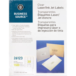 Business Source Mailing Address Labels - 1"x 2 3/4" - Permanent Adhesive - Rectangle - Laser - Clear - 30 / Sheet - Self-adhesive - 1500 / Pack