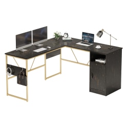 Bestier Reversible 60"W Corner Computer Desk With Storage Cabinet & Accessory Hooks, Golden Black