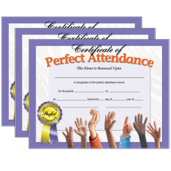 Hayes Certificates, 8-1/2" x 11", Perfect Attendance, Hands, 30 Certificates Per Pack, Set Of 3 Packs