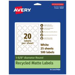 Avery® Recycled Paper Labels, 94507-EWMP25, Round, 1-5/8" diameter, White, Pack Of 500
