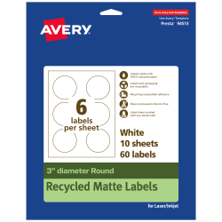 Avery® Recycled Paper Labels, 94513-EWMP10, Round, 3" diameter, White, Pack Of 60