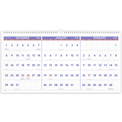 2024-2026 AT-A-GLANCE® 3-Month Reference Horizontal Wall Calendar, 12" x 27", Traditional, December 2024 To February 2026, PM1428