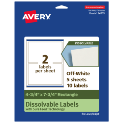 Avery® Print-to-the-Edge Dissolvable Labels With Sure Feed® Technology, 94255-DWMP5, Rectangle, 4-3/4"x7-3/4", Matte Off-White, Pack Of 10