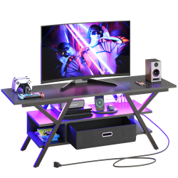 Bestier 55" LED Multicolor Gaming TV Stand For 65" TV With Power Outlet & Drawer, 22"H x 55-1/8"W x 15-3/4"D, Black Carbon Fiber