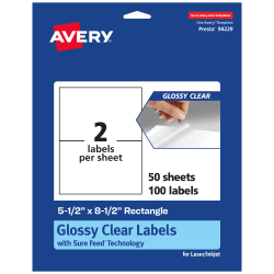 Avery® Glossy Permanent Labels, 94229-CGF50, Rectangle, 5-1/2" x 8-1/2", Clear, Pack Of 100
