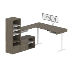 Bestar Viva 72"W L-Shaped Standing Corner Desk With Dual Monitor Arm And Storage, Walnut Gray/White