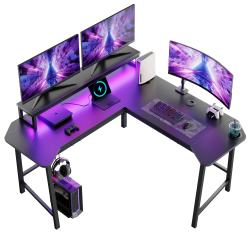 Bestier 57"W L-Shaped Gaming Computer Desk With Aircraft Arc, Monitor Stand & LED Light, Black