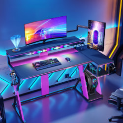 Bestier 58"W LED Gaming Computer Desk With Power Outlet, Black/Purple