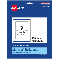 Avery® Permanent Labels With Sure Feed®, 94278-WMP250, Rectangle, 4" x 6", White, Pack Of 500