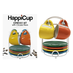 HappiCup Espresso Cups With Saucers And Rack, 1 Oz, Assorted Colors, Set Of 4 Cups
