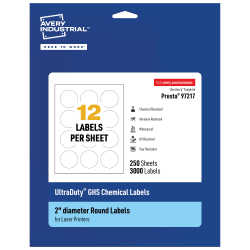 Avery® Ultra Duty® Permanent GHS Chemical Labels, 97217-WMU250, Round, 2" Diameter, White, Pack Of 3,000