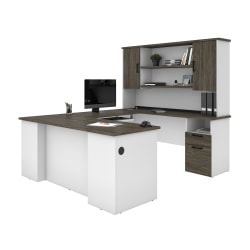 Bestar Norma 71"W U- Or L-Shaped Executive Corner Desk With Hutch, Walnut Gray/White