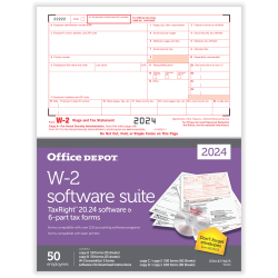 Office Depot® W-2 Laser Tax Forms With Software, 6-Part, 2-Up, 8-1/2" x 11", Pack Of 50 Form Sets, 56224