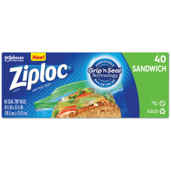Ziploc® Resealable Sandwich Bags, 6-1/2" x 5-15/16", Clear, 40 Bags Per Box, Carton Of 12 Boxes