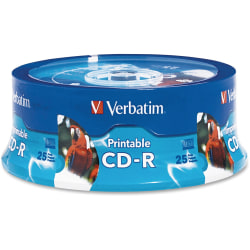 Verbatim® Inkjet-Printable CD-R Disc Spindle, White, Pack Of 25