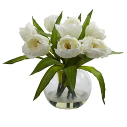 Nearly Natural Tulips 11"H Artificial Floral Arrangement With Vase, 11"H x 11-1/2"W x 10"D, White