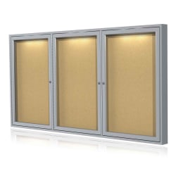 Ghent 3-Door Enclosed Cork Bulletin Board With Concealed Lighting, Natural, 48" x 96", Satin Aluminum Frame