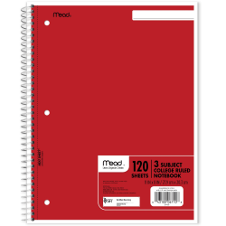 Mead® Wirebound Notebook, 8 1/2" x 11", 3 Subject, College Ruled, 120 Sheets, Assorted Colors