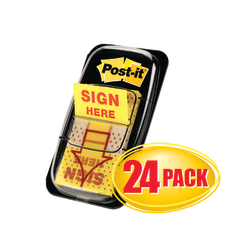 Post-it® Message Flags, "Sign Here", 1" x 1-11/16", Yellow, 50 Flags Per Pad, Pack Of 24 Pads