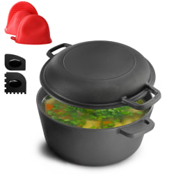 MegaChef 5-Quart Pre-Seasoned 2-in-1 Cast Iron Dutch Oven And Skillet, Black