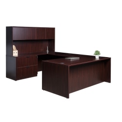 Boss Office Products 66"W Executive U-Shaped Desk With 2-Drawer Lateral File And 4-Door Hutch, Mahogany