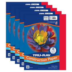 Tru-Ray Construction Paper, Heavyweight, 9" x 12", Red, 50 Sheets Per Pack, Set Of 5 Packs