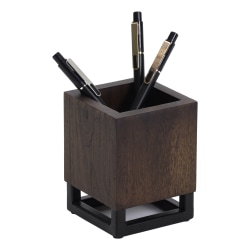Realspace® Acadia Wood/Metal Pen Cup, 4-1/4"H x 3-1/4"W x 3-1/4"D, Walnut/Black
