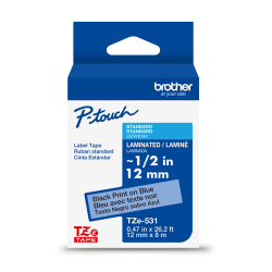 Brother P-Touch TZe531, Laminated, ~1/2in x 26.2ft (12mm x 8m), Black on Blue Label Tape