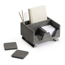 Realspace® Orix Wood/Metal Desktop Organizer With Coasters, 8-3/4" x 7", Gray/Nickel