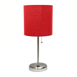 LimeLights Brushed Steel Stick Lamp with USB charging port and Red Fabric Shade