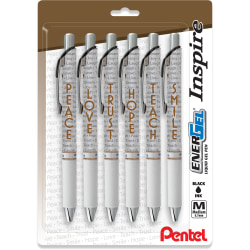 Pentel® EnerGel™ Inspire Pens, Medium Point, 0.7 mm, White Barrel, Black Ink, Pack Of 6 Pens