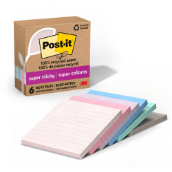 Post-it Paper Super Sticky Notes, 420 Total Notes, Pack Of 6 Pads, 4" x 4", 100% Recycled, Wanderlust Pastels, 70 Sheets Per Pad