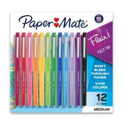 Paper Mate® Flair Porous-Point Pens, Medium Point, 0.7 mm, Assorted Ink Colors, Pack Of 12 Pens