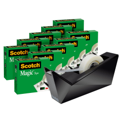 Scotch Magic Tape with Dispenser, Invisible, 3/4 in x 1000 in, 10 Tape Rolls, Clear, Home Office and School Supplies