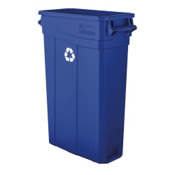 Suncast Commercial Narrow Rectangular Resin Trash Can, With Handles, 23 Gallons, 30"H x 11"W x 22"D, Blue Recycle