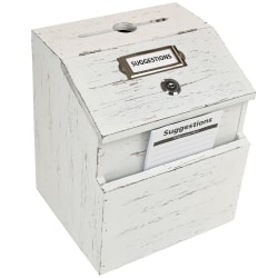 Excello Rustic Wooden Suggestion Box With Lock, 9"H x 7-3/4"W x 6-3/4"D, White