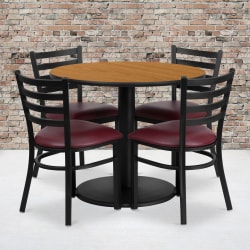 Flash Furniture Round Laminate Table Set With Round Base And 4 Ladder-Back Metal Chairs, 30"H x 36"W x 36"D, Natural/Burgundy