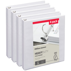 Office Depot® Heavy-Duty View 3-Ring Binder, 1" D-Rings, 49% Recycled, White, Pack Of 4